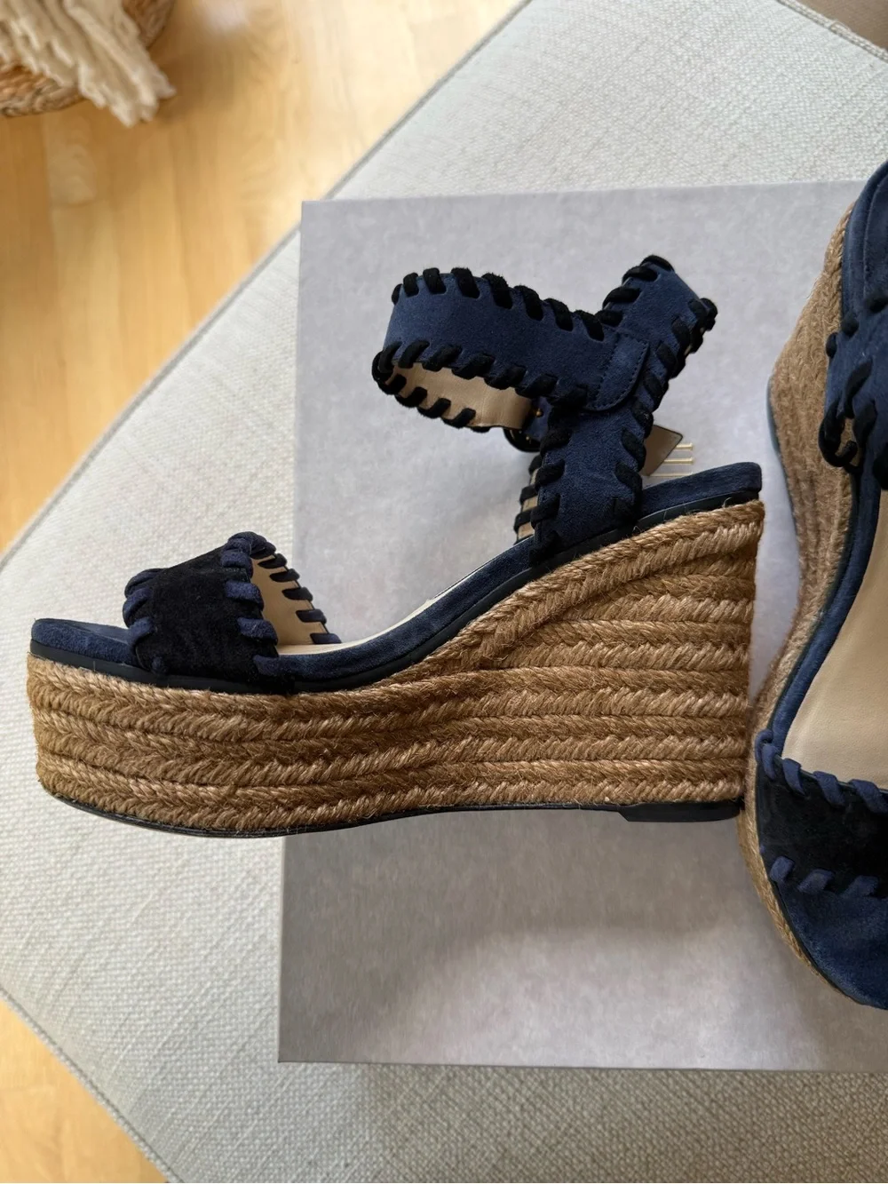 Jimmy Choo Black and Navy Suede Braided Ankle Wedge Sandals